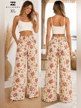 Billabong Floral Wide Leg Beach Pants Womens Sz XL Boho Festival Coastal yellow